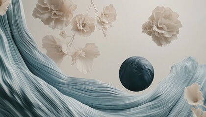 Serene abstract composition featuring flowing fabric, delicate blossoms, and a dark sphere against a muted background