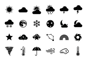 Obraz premium A versatile collection of minimalist black weather forecast symbols and meteorological glyph icons for digital and print media