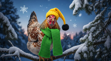 Image of a chicken with a yellow hat and green scarf, standing on a snowy branch. Represents winter holiday or Christmas season, warmth in cold weather.