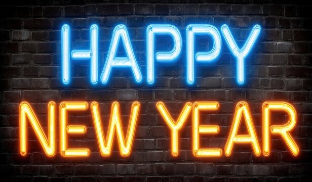 Neon sign with words Happy New Year in glowing blue and orange letters on black brick wall background for new year concept.