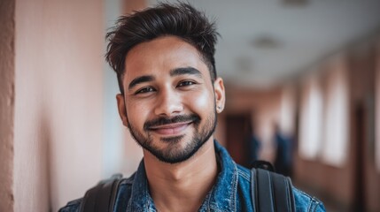 A young Indian student stands in a college hallway, smiling broadly while wearing a denim jacket. The setting is vibrant and lively, reflecting the spirit of campus life
