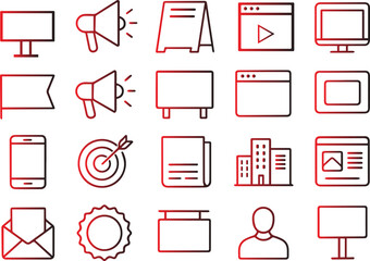 Line art advertising icons representing various marketing strategies and promotional methods, including billboards, megaphones, and online ads isolated on white background