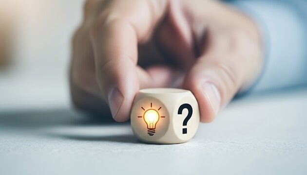Hand holding a wooden cube with a light bulb symbol and a question mark, representing idea and solution
