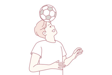 Happy young man playing football outdoors. Smiling guy with ball on head have fun enjoy sport activity. Vector illustration.