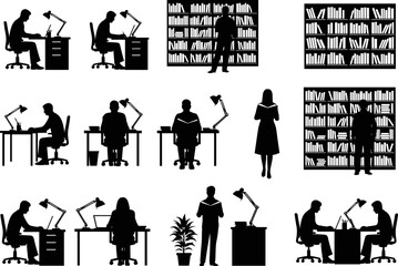 Silhouette vector illustration of people studying, reading, and working at desks and bookshelves in library or office environment, educational workspace theme