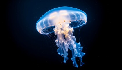 A jellyfish gracefully floats in the dark ocean, its translucent body illuminated by a soft, ethereal glow.