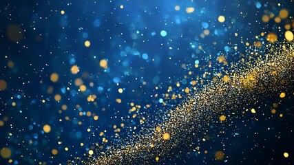 Abstract blue background featuring golden bokeh lights and shimmering glitter particles arranged in a diagonal curve to evoke a luxurious festive atmosphere for design projects