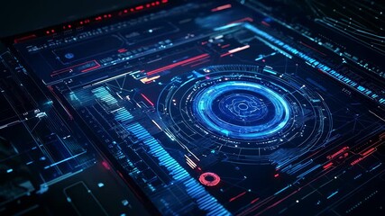 Close-up of a futuristic motherboard with glowing blue circuits and a holographic interface, featuring data nodes, neon grids, and cybersecurity-inspired visualization for design - Powered by Adobe