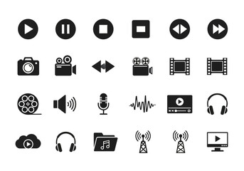 A comprehensive collection of solid black multimedia glyph icons for user interface design, including player controls and recording symbols