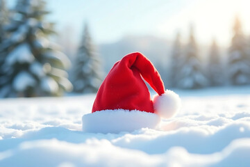 Santa hat resting in fresh snow with winter forest background