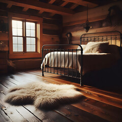 Rustic Cabin Bedroom Stock Photo with Distressed Dark Walnut Hardwood Floors and Cozy Ambiance