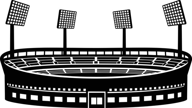 Modern outdoor sports stadium vector illustration featuring bright floodlights, detailed seating arena, architectural design elements, athletic event atmosphere, 