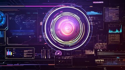 A futuristic dashboard with a circular holographic interface, neon rings and digital panels, presenting data visualization and cybersecurity imagery for immersive interface design. - Powered by Adobe