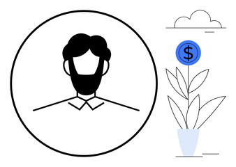 Minimalist man in circle outline next to a plant sprouting money. Ideal for growth, finance, business, investment, planning, entrepreneurship, personal development. Simple flat metaphor