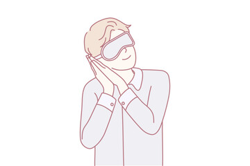 Sleepy man in eye mask ready for daydream or sleep. Happy guy in pajama preparing for nap or bedtime. Relaxation and fatigue. Vector illustration.