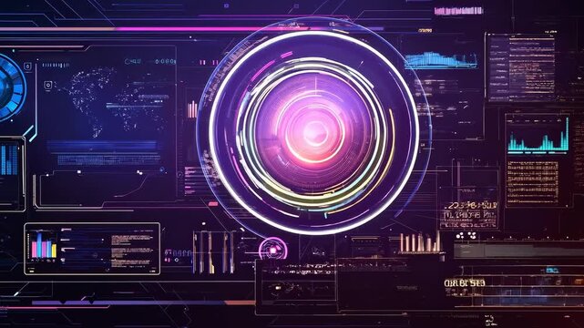 A futuristic dashboard with a circular holographic interface, neon rings and digital panels, presenting data visualization and cybersecurity imagery for immersive interface design. - Powered by Adobe