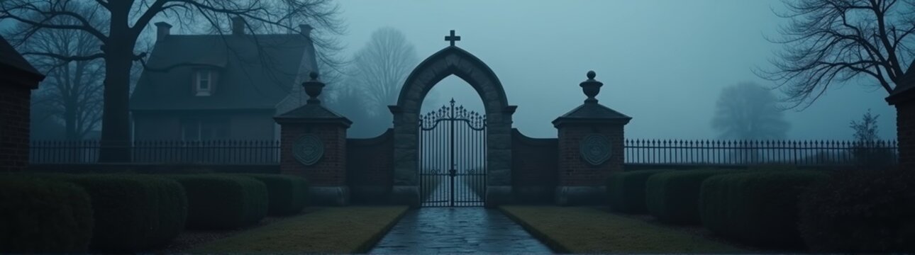 Gate in a foggy park with a fountain