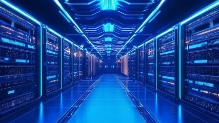 Modern data center corridor with illuminated server racks bathed in blue LED lighting, highlighting cooling systems, cable management, and high density computing infrastructure - Powered by Adobe