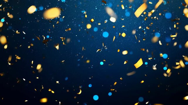 Golden confetti swirls through a deep blue background, creating a festive, celebratory mood perfect for events, party highlights, awards ceremonies, launches, and joyful moments