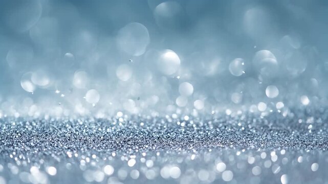 Close up of shimmering blue glitter on a smooth surface with soft out of focus bokeh lights, creating a festive magical abstract texture ideal for design projects and presentations