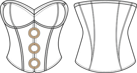 Corset top fashion sketch, technical garment drawing, sweetheart neckline, structured cups, apparel template, flat sketch, clothing design illustration