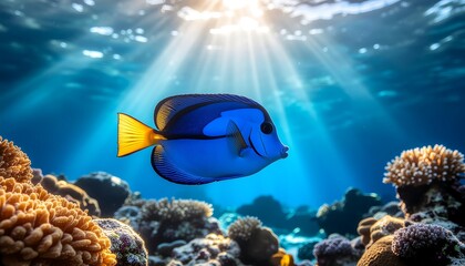 A vibrant blue fish swims through sunlit ocean waters near coral reefs.