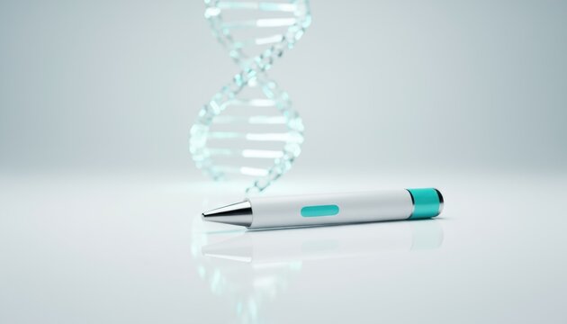 A futuristic medical device placed before a DNA helix symbolizes biotech innovation, genetic research progress and advanced scientific development - Powered by Adobe
