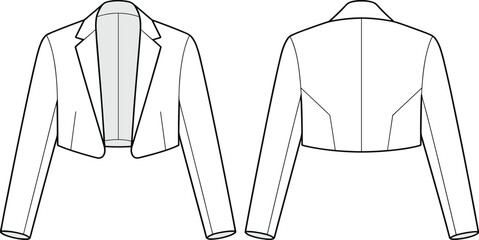 Cropped blazer jacket fashion sketch, technical garment drawing, notched lapel collar, tailored silhouette, apparel template, flat sketch, clothing design illustration
