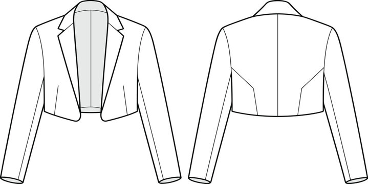 Cropped blazer jacket fashion sketch, technical garment drawing, notched lapel collar, tailored silhouette, apparel template, flat sketch, clothing design illustration