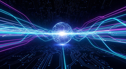 Glowing sphere with flowing light streams and circuit board pattern in dark blue background design element