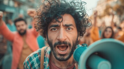 Passionate Man Shouting into Megaphone at Protest