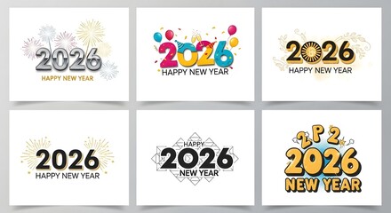 Minimal 2026 New Year typography design set featuring clean lettering, simple modern layout and elegant festive text styles