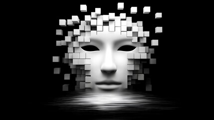 Obraz premium Futuristic digital human face design created with layered shapes, symbolizing AI systems, cybersecurity, and big data in a modern technological environment.