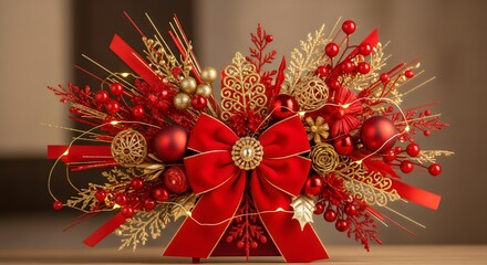 “Shiny Christmas ornaments in red green gold, cozy festive decoration, winter holiday celebration scene with decorative pine cones and snowflakes.”
