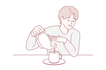 Young man sit at desk pouring tea in cup from kettle. Smiling guy enjoy warm coffee in mug at home. Vector illustration.