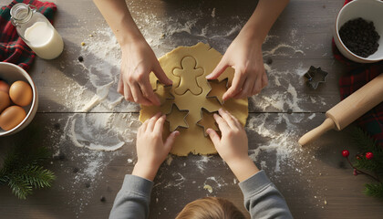 Top-down view of hands cutting cookie shapes from dough