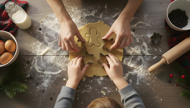Top-down view of hands cutting cookie shapes from dough
