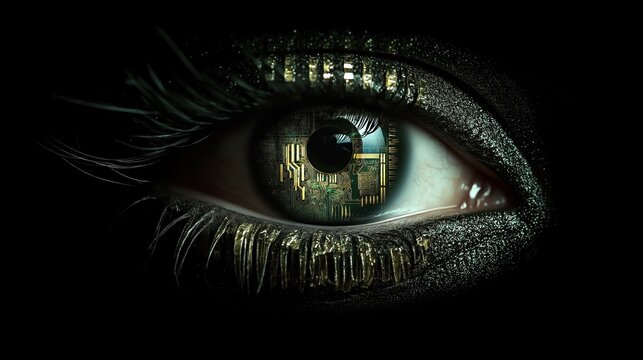 A captivating human eye with a circuit board design reflected in the iris. The dramatic lighting and dark background enhance the futuristic, artistic mood. Perfect for tech and art themes.