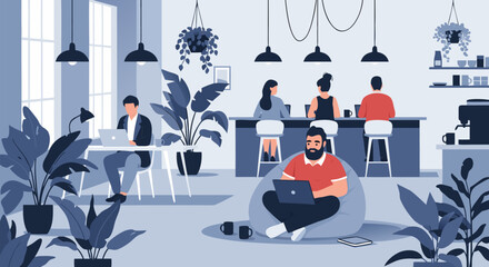 Obraz premium A Modern Co-working Space Filled with Plants and People Working on Laptops and Computers