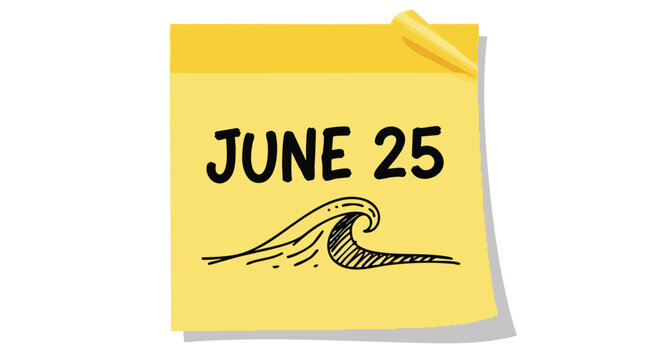 Reminder of the date on a sticky note combined with a hand-drawn sea wave for vacation planning and summer events