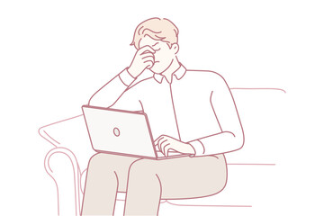 Unhealthy man sit on sofa work on computer suffer from headache. Unwell tired male with laptop struggle with overwork or health problems. Vector illustration.
