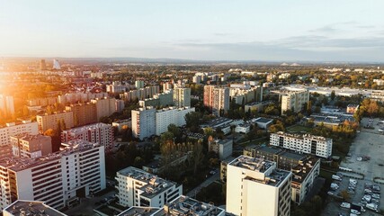 Sunset aerial view of urban residential district