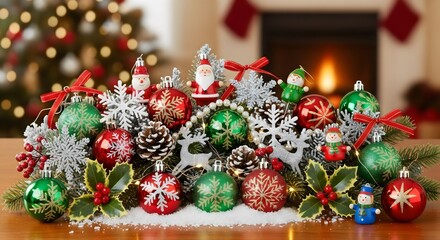 “Classic red green gold Christmas ornaments with pine cones, warm festive holiday decoration, winter celebration scene with sparkling baubles.”
