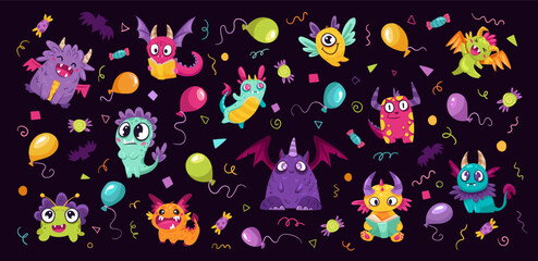 Cute Little Monsters set with different eyes, wings, horns. Cheerful happy face emotions. Children hand drawn vector illustration for baby shower party, room design and card templates