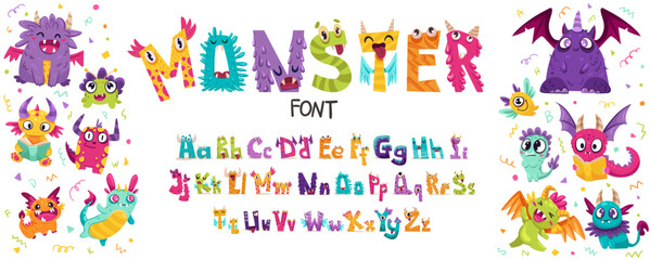 Little cute monster alphabet for baby design with funny cartoon letters for children. Kawaii font with numbers for invitation, greeting card, kindergarten banner. Vector hand drawn illustration