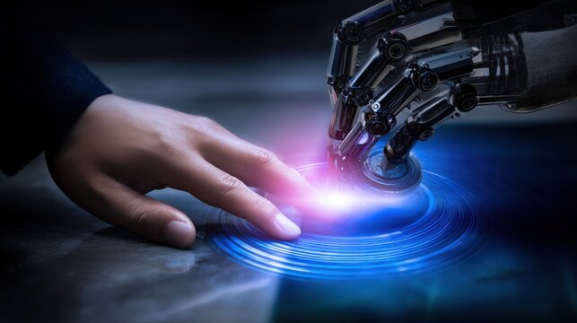 Human hand and robotic hand interacting with a glowing blue light circle technology