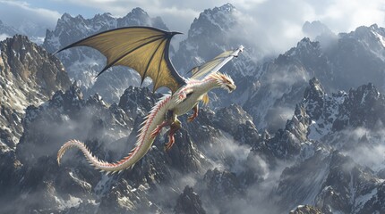 A majestic white and gold dragon flies over a vast mountain range.