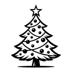 Christmas Tree Vector Illustration – Black and White Holiday Tree with Star and Ornaments for Festive Design and Winter Artwork
