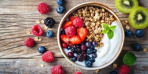 A bowl of yogurt with fresh berries, granola, and mint leaves on a rustic wooden table.