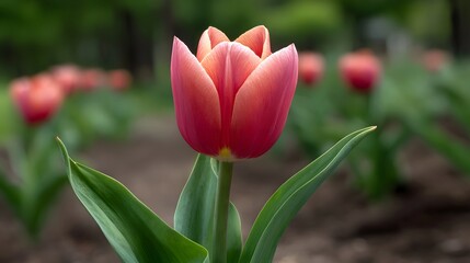 Fototapeta premium A vibrant pink and orange tulip blooming in a garden captured in a close up view